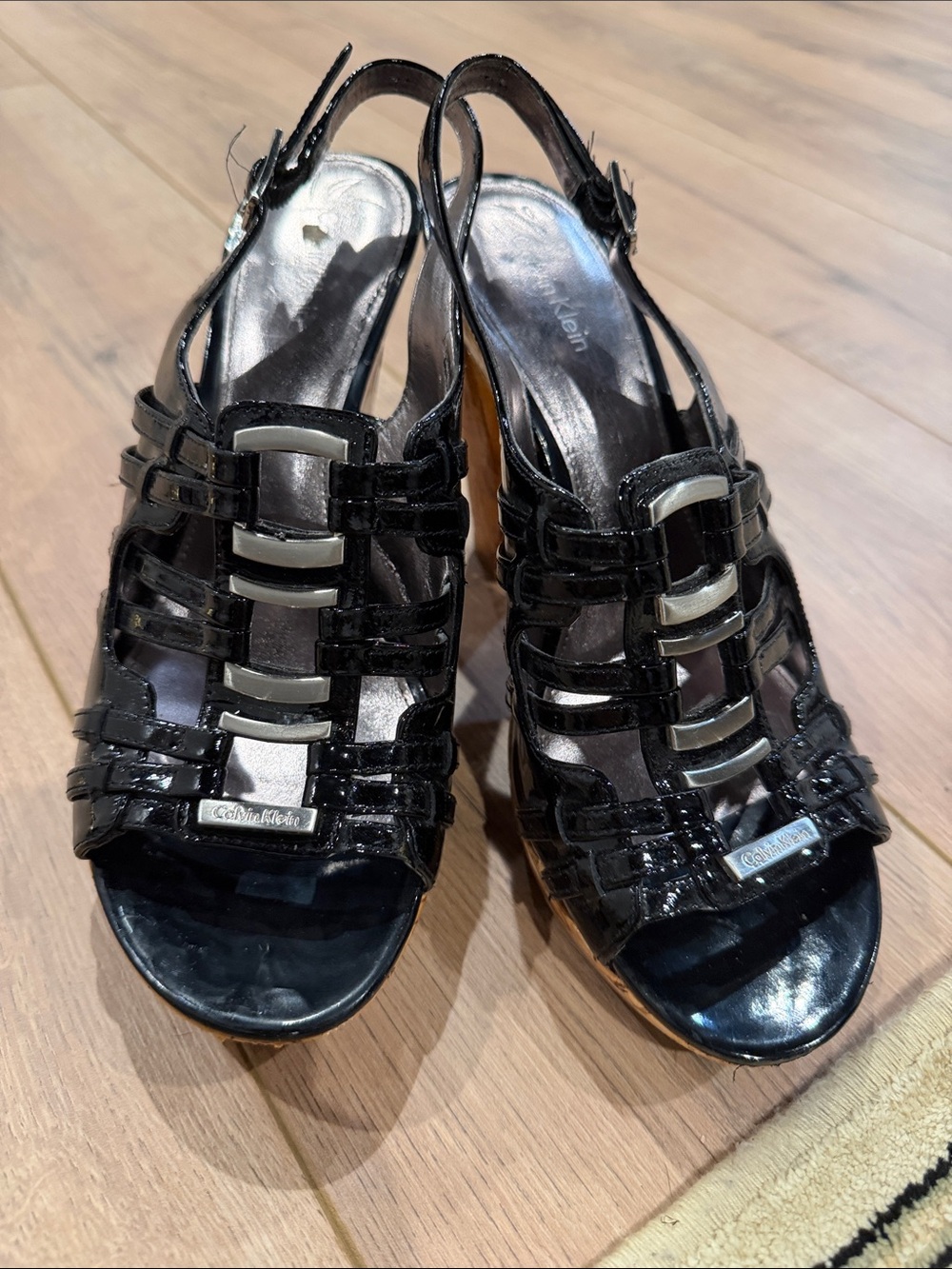 Calvin Klein Black Patent Strappy Slingback Heels with Silver Accents